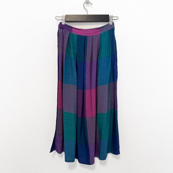 Vintage 70s 80s Purple Blue Green Plaid Rayon Midi Skirt Size 9 | 25-26" Waist - Picture 2 of 12